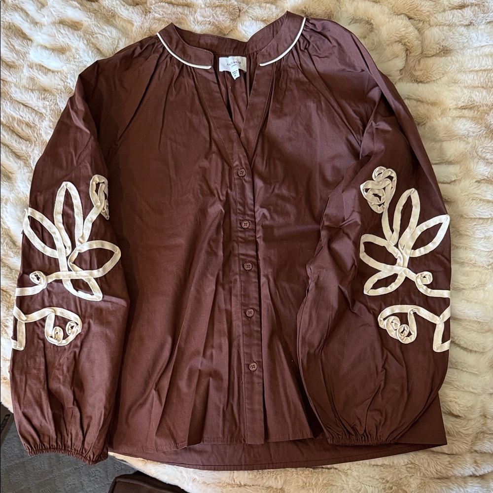 Women's Brown Button-Front Top with Cream Embroidered Sleeves